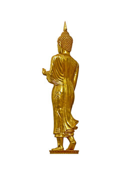 Beautiful Golden Buddha Image in Waking Posture  Isolated on Transparent Backdrop, PNG File