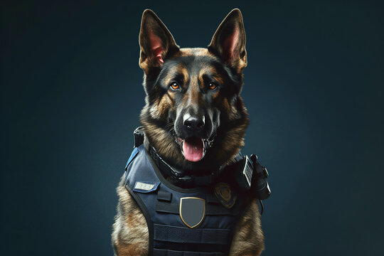 Service dog of the German Shepherd breed in a police uniform. The rescue dog looks into the camera. Generated by AI