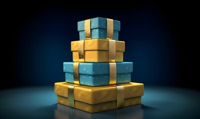 A Stack of Blue and Gold Gift Boxes. Gift Packages. Generative AI