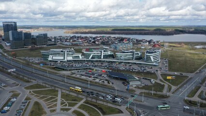Minsk, Belarus - 31.03.2023: Panorama of Minsk. A panoramic bird's-eye view of the Belarusian capital. A new residential neighborhood in Minsk - "Vesninka". Modern Minsk.