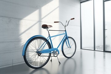 Fototapeta na wymiar Blue bike on white wall in 3D view. Generative AI