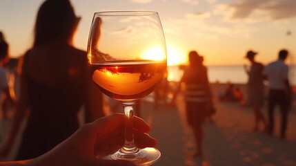 glass of wine on wooden table and people silhouette relax and dance at sunset on the promenade on sea beach ,generated ai - obrazy, fototapety, plakaty