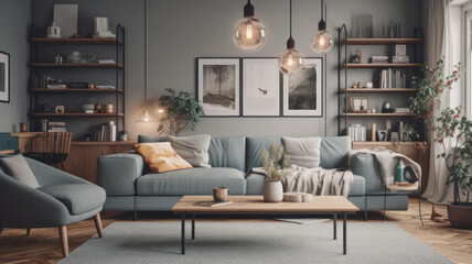 Interior of bright living room with cozy grey sofas and coffee table. 