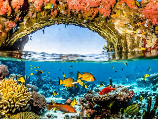 A vibrant coral reef teeming with colorful fish, framed by an underwater cave entrance