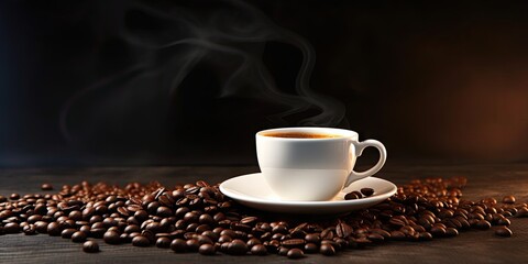 Close up of smooth espresso in roasted steaming white coffee cup and coffee bean on a wooden table