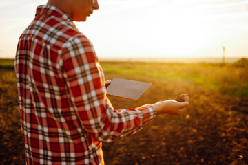 Farmer touching soil on the field before growth a seed of vegetable or plant seedling. Agriculture,...