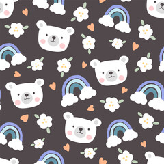 Cute white polar bear happy face on a pastel black background with rainbows, flowers and clouds. Kids sky pajama, wrapping paper, fabric and textile print