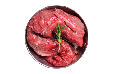 Fresh beef tenderloin, raw meat in skillet with rosemary.  Isolated, transparent background