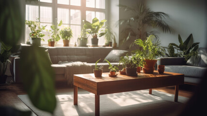 Fototapeta premium Interior of light living room with sofas, houseplants and table. 