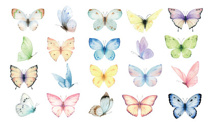 Watercolor vector set of bright hand-painted butterflies. - 611622586