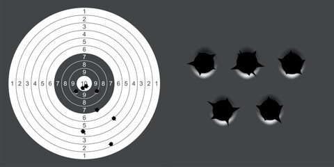 Target with bullet holes, big circle with range and score mark, cracks and holes from gun - obrazy, fototapety, plakaty