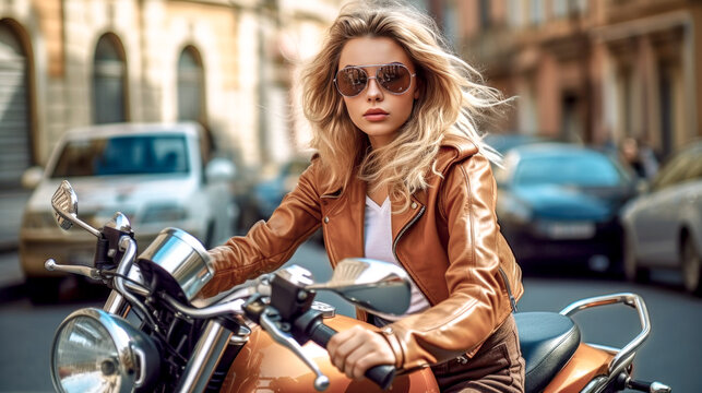 Young Pretty woman on a Motorbike in the Streets of Rome Generative AI KI Illustration Wallpaper Journal