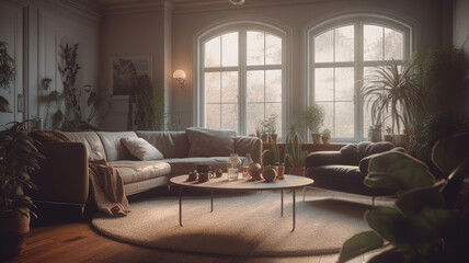 Interior of light living room with sofas, houseplants and table. 