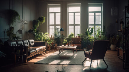 Interior of light living room with sofas, houseplants and table. 