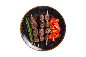 Grilled Beef veal shish kebab Skewers or Shashlik in a plate with tomato.  Isolated, transparent...