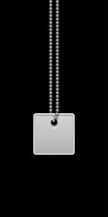 Empty square steel military or dogs badge hanging on chain. Vector silver army object isolated on black background. Pendant with blank space for identification, blood type in case of death and injury