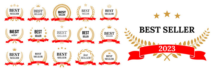 2023 Best seller award stamps set vector illustration. Gold winners badges with black Best seller text and laurel wreath with crown, stars and red ribbons isolated promotion signs collection.