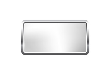 Silver rectangle button with frame vector illustration. 3d steel glossy elegant design for empty emblem, medal or badge, shiny and gradient light effect on plate isolated on white background