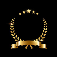 Realistic gold laurel wreath with golden ribbon and three stars. Premium insignia, traditional victory symbol on black backdrop. Triumph, win poster, banner layout , shiny frame, border