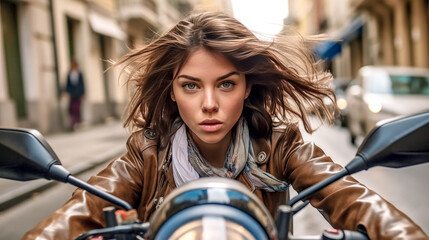Naklejka na ściany i meble Young Pretty woman on a Motorbike in the Streets of Rome Generative AI KI Illustration Wallpaper Journal