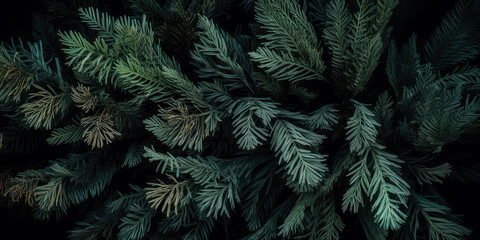 Close up of evergreen conifer fir, spruce, pine. Macro Shoot coniferous branch. Nature forest background, wallpaper. Generative ai