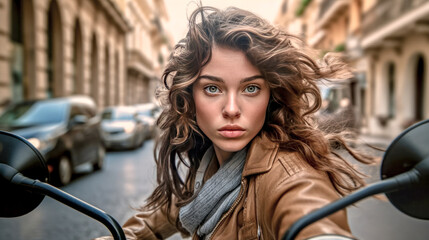 Fototapeta premium Young Pretty woman on a Motorbike in the Streets of Rome Generative AI KI Illustration Wallpaper Journal