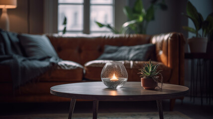 Interior of bright living room with cozy grey sofas and coffee table. 