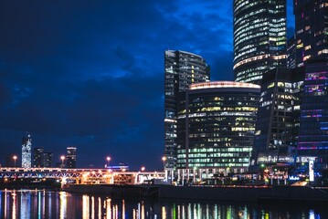 Moscow, Russia - 8 June 2023: Night panoramic photo of the skyscrapers of the city of Moscow, Moscow City.
