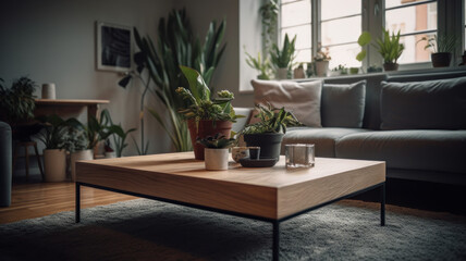 Interior of bright living room with cozy grey sofas and coffee table. 