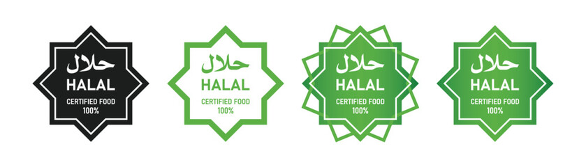 Green halal label set in flat design, Approved food badge for muslim product 