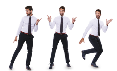 Montage, dance and portrait of a businessman with a smile for professional achievement or bonus. Happy, playful and a corporate employee dancing isolated on a transparent png background for success