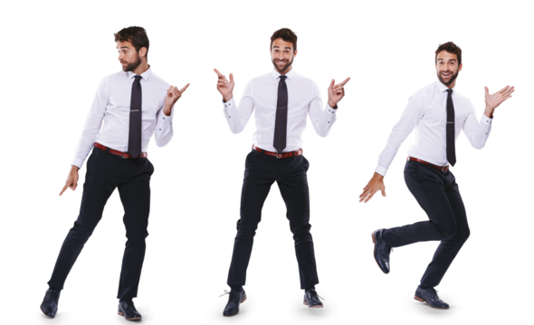Montage, dance and portrait of a businessman with a smile for professional achievement or bonus. Happy, playful and a corporate employee dancing isolated on a transparent png background for success