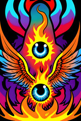 A rock poster of a psychedelic eyeball with flames and wings. (AI-generated fictional illustration)
