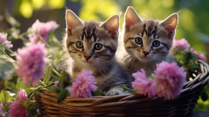 Fototapeta na wymiar striped kittens are sitting in a basket with spring flowers. Generative AI