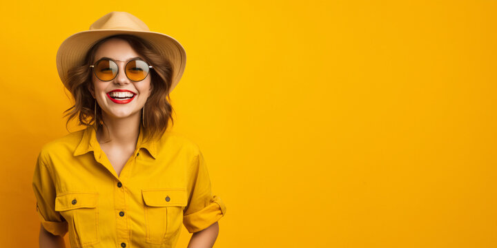 Joyful attractive brunette woman in summer outfit. Isolated on solid bright yellow background