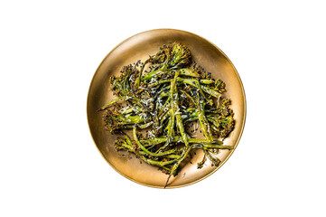Fototapeta na wymiar Salad with roasted Broccolini Sprouts, parmesan cheese and garlic. Isolated, transparent background