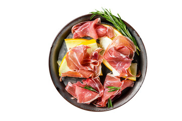 Italian prosciutto parma with melon and fresh rosemary.  Isolated, transparent background