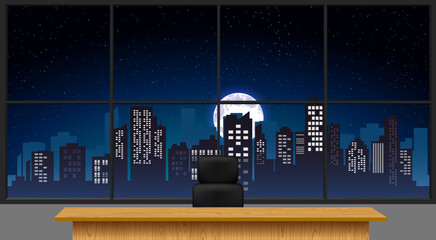white table and lcd tv in the news studio room with city in the night background 