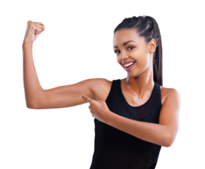 Woman point, portrait and arm flex with smile and surprise isolated on transparent, png background. Wellness, progress and strong muscle of female person and model with healthy body from fitness