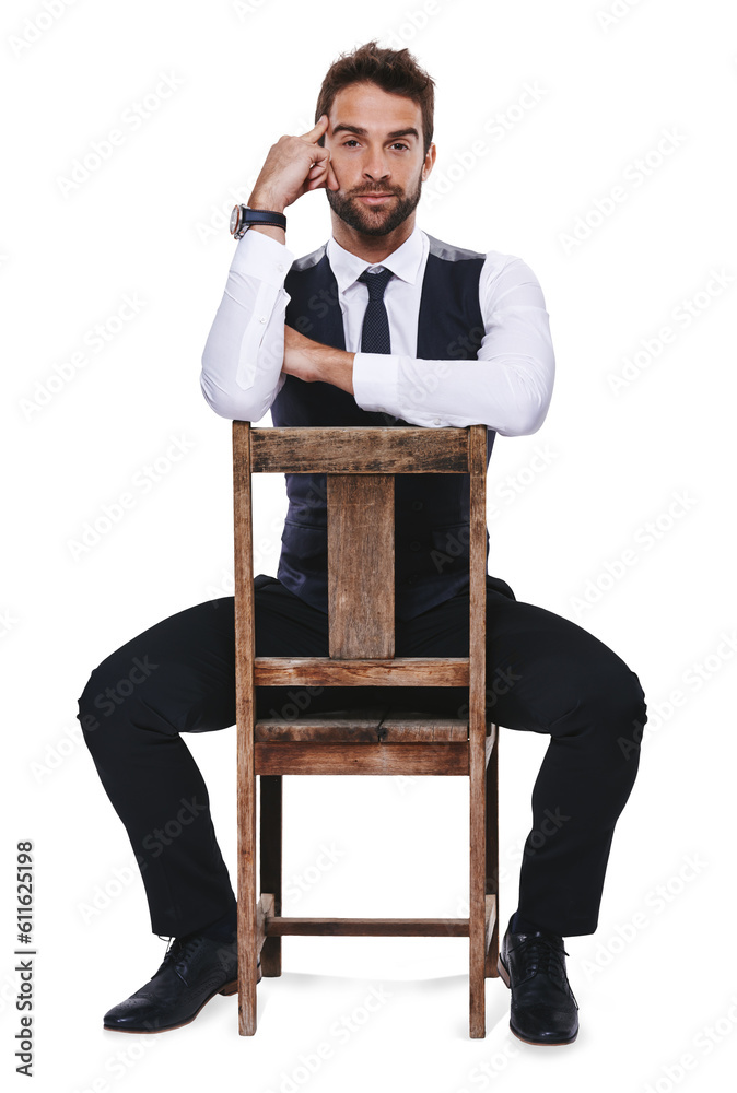 Canvas Prints Portrait, fashion and a handsome gentleman on a chair in formal attire isolated on transparent background for style. Model, confident and a classy young male person sitting in smart clothes on PNG