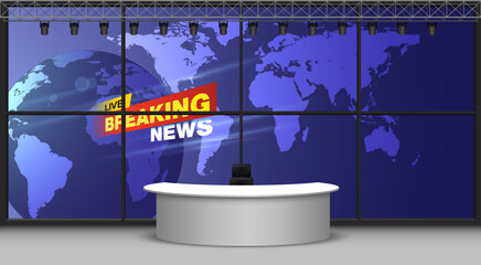white table and breaking news on lcds background in the news studio room