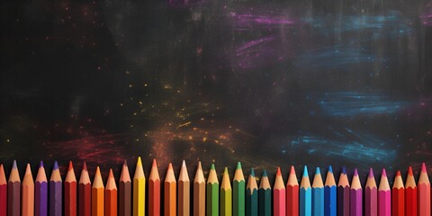 chalkboard background with colorful crayons behind it, in the style of spectacular backdrops, minimalist backgrounds
