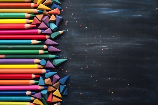 chalkboard background with colorful crayons behind it, in the style of spectacular backdrops, minimalist backgrounds