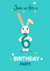 A boy's birthday party for a 6-year-old boy. Hare with the number 6. Postcard banner poster