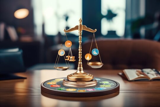 court scales with icons on the table, ai generative