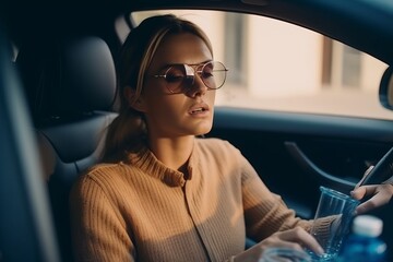 hot weather concept woman in a car wearing sunglasses sits in a car and looks at a bottle of water Generative AI