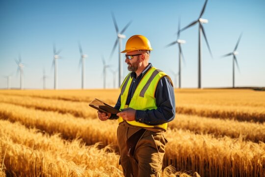 A man in a yellow hard hat stands in a field of wheat with a clipboard and a windmill Generative AI