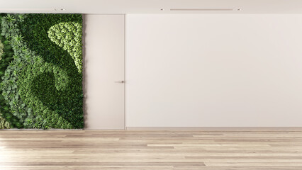 Empty room interior design, open space with vertical garden, bleached parquet floor, white walls and minimal door, copy space, modern contemporary architecture concept idea