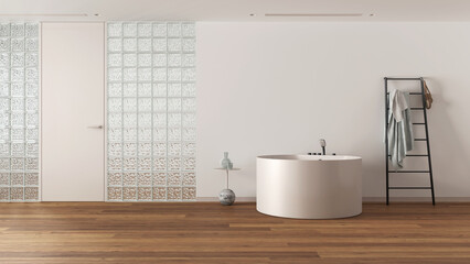 Fototapeta na wymiar Minimal bathroom with round bathtub and decors in white and beige tones. Glass brick walls, ladder towel hanger and parquet. Modern interior design idea with copy space
