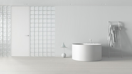 Total white project draft, minimal bathroom with round bathtub and decors. Glass brick walls, ladder towel hanger and parquet. Modern interior design idea with copy space